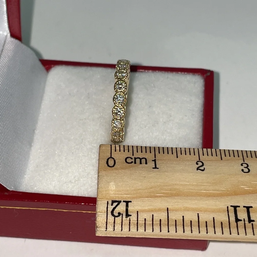 Solid Stamped 14K Yellow Gold Natural Diamond Semi Eternity Round Bead Band Ring